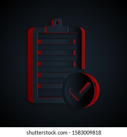 Paper cut Verification of delivery list clipboard and pen icon isolated on black background. Paper art style. Vector Illustration