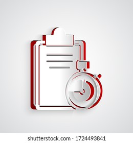 Recorte de papel Verificación del icono del portapapeles de la lista de entrega aislado en el fondo gris. Estilo de arte de papel. Ilustración vectorial