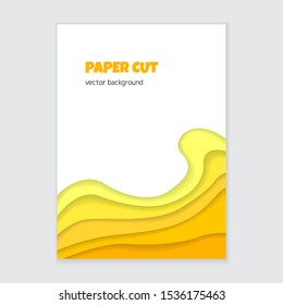 Paper cut vertical banner. Abstract 3d yellow wavy shapes.