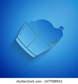 Paper cut Veterinary clinic symbol icon isolated on blue background. Dog veterinary care. Pet First Aid sign. Paper art style. Vector Illustration