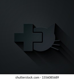 Paper cut Veterinary clinic symbol icon isolated on black background. Cross with cat veterinary care. Pet First Aid sign. Paper art style. Vector Illustration