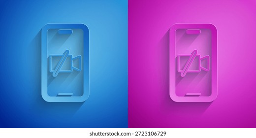 Paper cut Video camera Off on mobile screen icon isolated on blue and purple background. No video. Paper art style. Vector