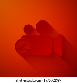 Paper cut Video camera with screwdriver and wrench icon isolated on red background. Adjusting, service, setting, maintenance, repair, fixing. Paper art style. Vector Illustration