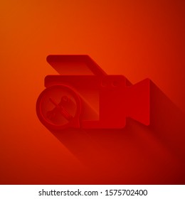 Paper cut Video camera with screwdriver and wrench icon isolated on red background. Adjusting, service, setting, maintenance, repair, fixing. Paper art style. Vector Illustration