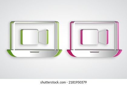 Paper cut Video chat conference icon isolated on grey background. Online meeting work form home. Remote project management. Paper art style. Vector