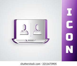 Paper cut Video chat conference icon isolated on grey background. Online meeting work form home. Remote project management. Paper art style. Vector
