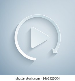 Paper cut Video play button like simple replay icon isolated on grey background. Paper art style. Vector Illustration