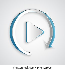 Paper cut Video play button like simple replay icon isolated on grey background. Paper art style. Vector Illustration