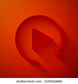 Paper cut Video play button like simple replay icon isolated on red background. Paper art style. Vector Illustration