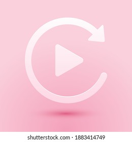 Paper Cut Video Play Button Like Simple Replay Icon Isolated On Pink Background. Paper Art Style. Vector.