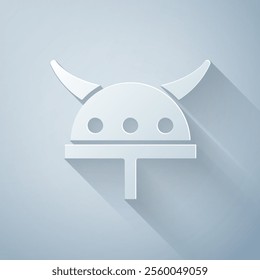 Paper cut Viking in horned helmet icon isolated on grey background. Paper art style. Vector