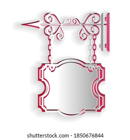 Paper cut Vintage street signboard hanging on forged brackets icon isolated on white background. Suitable for advertisements bar, cafe, pub, restaurant. Paper art style. Vector.