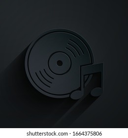 Paper cut Vinyl disk icon isolated on black background. Paper art style. Vector Illustration