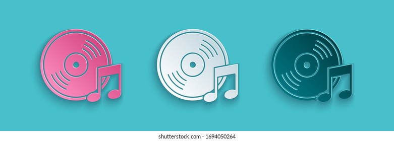 Paper cut Vinyl disk icon isolated on blue background. Paper art style. Vector Illustration