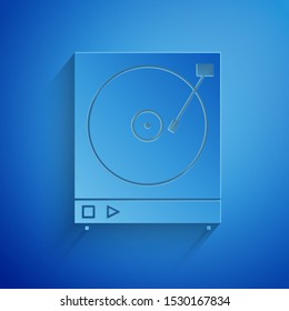 Paper cut Vinyl player with a vinyl disk icon isolated on blue background. Paper art style. Vector Illustration