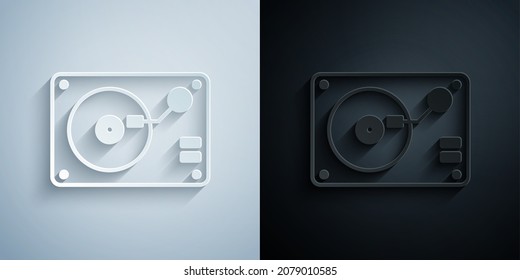 Paper cut Vinyl player with a vinyl disk icon isolated on grey and black background. Paper art style. Vector