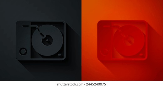 Paper cut Vinyl player with a vinyl disk icon isolated on black and red background. Paper art style. Vector