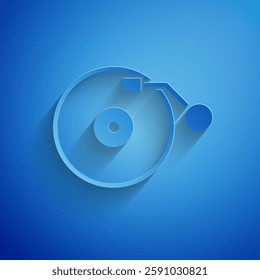 Paper cut Vinyl player with a vinyl disk icon isolated on blue background. Paper art style. Vector