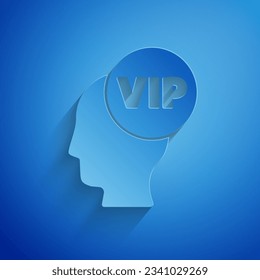 Paper cut Vip inside human head icon isolated on blue background. Paper art style. Vector