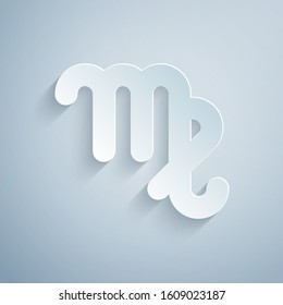 Paper cut Virgo zodiac sign icon isolated on grey background. Astrological horoscope collection. Paper art style. Vector Illustration