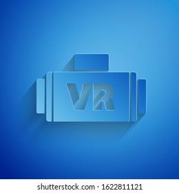 Paper cut Virtual reality glasses icon isolated on blue background. Stereoscopic 3d vr mask. Paper art style. Vector Illustration