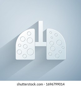 Paper cut Virus cells in lung icon isolated on grey background. Infected lungs. Coronavirus, COVID-19. 2019-nCoV. Paper art style. Vector Illustration