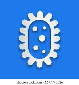 Paper cut Virus icon isolated on blue background. Corona virus 2019-nCoV. Bacteria and germs, cell cancer, microbe, fungi. Paper art style. Vector Illustration