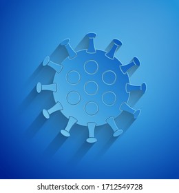 Paper cut Virus icon isolated on blue background. Corona virus 2019-nCoV. Bacteria and germs, cell cancer, microbe, fungi. Paper art style. Vector Illustration