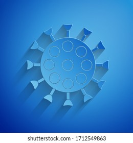 Papier geschnitten Virus Symbol einzeln auf blauem Hintergrund. Corona-Virus 2019-nCoV. Bakterien und Keime, Zellkrebs, Mikrobe, Pilze. Kunststil aus Papier. Vektorillustration-Illustration
