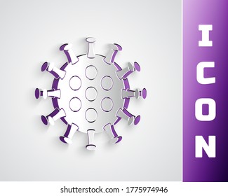 Paper cut Virus icon isolated on grey background. Corona virus 2019-nCoV. Bacteria and germs, cell cancer, microbe, fungi. Paper art style. Vector Illustration