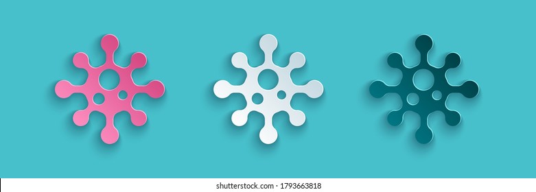 Paper cut Virus icon isolated on blue background. Corona virus 2019-nCoV. Bacteria and germs, cell cancer, microbe, fungi. Paper art style. Vector Illustration