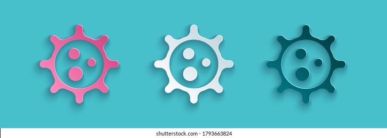 Paper cut Virus icon isolated on blue background. Corona virus 2019-nCoV. Bacteria and germs, cell cancer, microbe, fungi. Paper art style. Vector Illustration