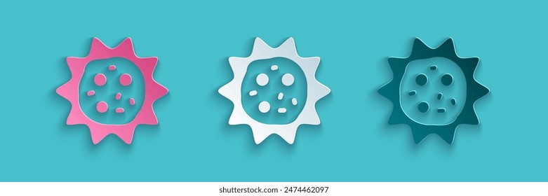 Paper cut Virus icon isolated on blue background. Corona virus 2019-nCoV. Bacteria and germs, cell cancer, microbe, fungi. Paper art style. Vector