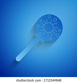 Paper cut Virus under magnifying glass icon isolated on blue background. Corona virus 2019-nCoV. Bacteria and germs, microbe, fungi. Paper art style. Vector Illustration