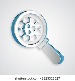 Paper cut Virus under magnifying glass icon isolated on grey background. Corona virus 2019-nCoV. Bacteria and germs, microbe, fungi. Paper art style. Vector