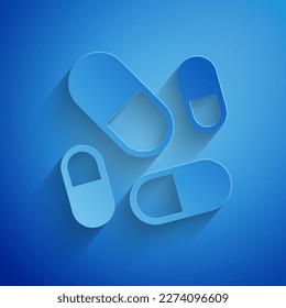 Papierschnitt Vitamin-Komplex von Kapselpilzen Symbol einzeln auf blauem Hintergrund. Gesunder Lebensstil. Kunststil aus Papier. Vektorgrafik
