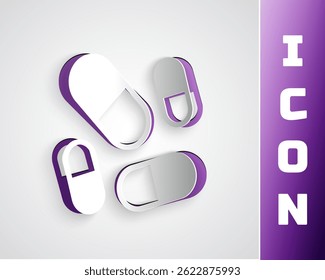 Paper cut Vitamin complex of pill capsule icon isolated on grey background. Healthy lifestyle. Paper art style. Vector