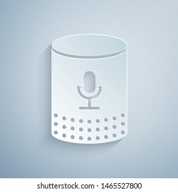 Paper cut Voice assistant icon isolated on grey background. Voice control user interface smart speaker. Paper art style. Vector Illustration