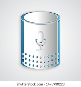 Paper cut Voice assistant icon isolated on grey background. Voice control user interface smart speaker. Paper art style. Vector Illustration
