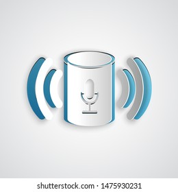 Paper cut Voice assistant icon isolated on grey background. Voice control user interface smart speaker. Paper art style. Vector Illustration