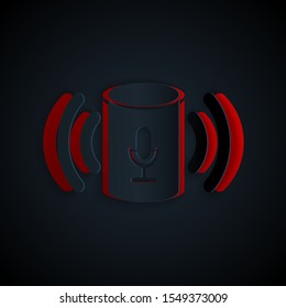 Paper cut Voice assistant icon isolated on black background. Voice control user interface smart speaker. Paper art style. Vector Illustration