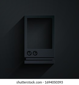 Paper cut Voice assistant icon isolated on black background. Voice control user interface smart speaker. Paper art style. Vector Illustration