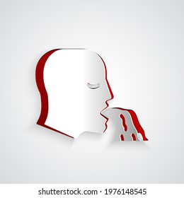 Paper cut Vomiting man icon isolated on grey background. Symptom of disease, problem with health. Nausea, food poisoning, alcohol poisoning concept. Paper art style. Vector