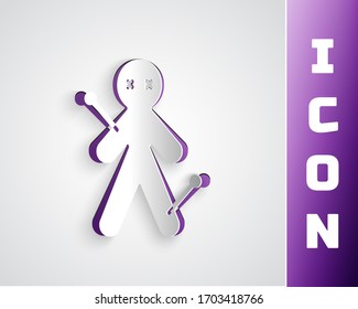 Paper cut Voodoo doll icon isolated on grey background. Paper art style. Vector Illustration