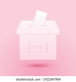 Paper cut Vote box or ballot box with envelope icon isolated on pink background. Paper art style. Vector.