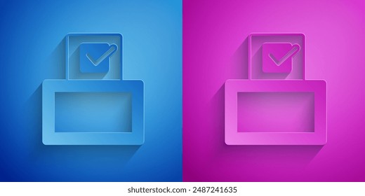 Paper cut Vote box or ballot box with envelope icon isolated on blue and purple background. Paper art style. Vector