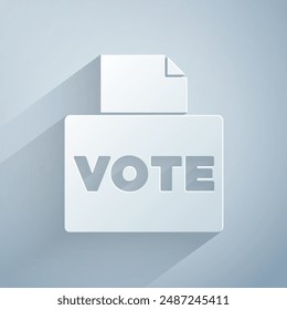 Votar en la urna o urna con el icono del sobre aislado en el fondo gris. Estilo de arte de papel. Vector