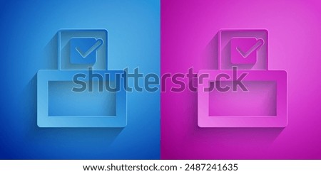 Paper cut Vote box or ballot box with envelope icon isolated on blue and purple background. Paper art style. Vector