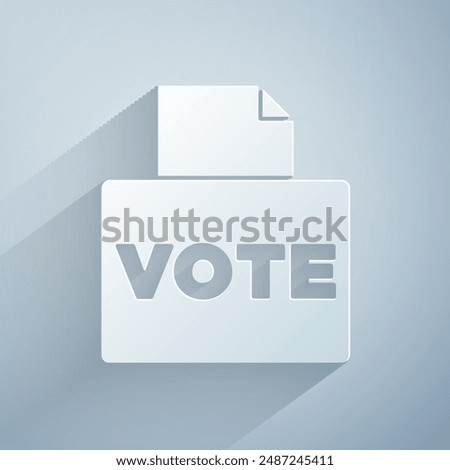 Paper cut Vote box or ballot box with envelope icon isolated on grey background. Paper art style. Vector