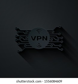 Paper cut VPN in circle with microchip circuit icon isolated on black background. Paper art style. Vector Illustration
